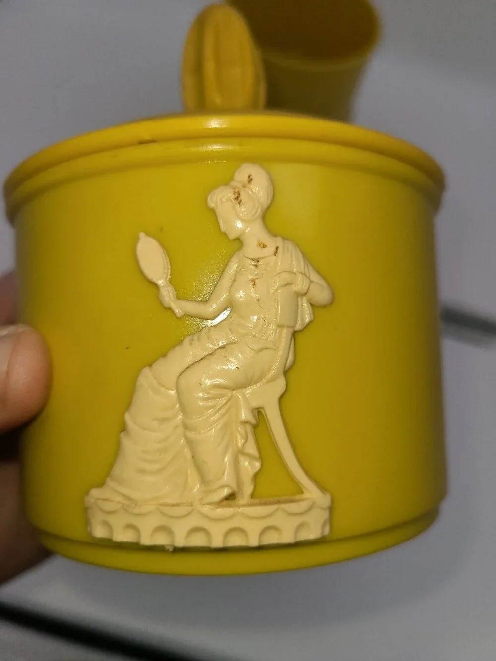 Vintage 3 Tier Yellow Powder Box Celluloid Wedgwood Jasperware Style Victorian